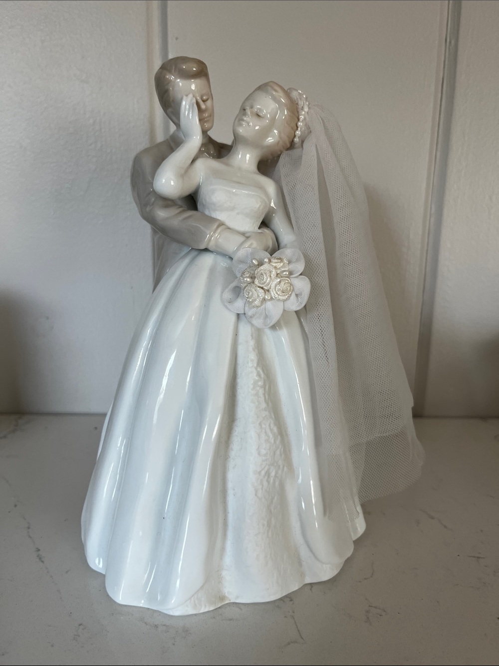 Porcelain Bride and Groom Sculpture - White and Cream Wedding Figurine